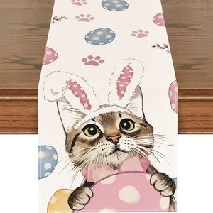 13x72 Table Runner, Cute Cat Egg Pattern Table Runner, Happy Easter Theme rabbit
